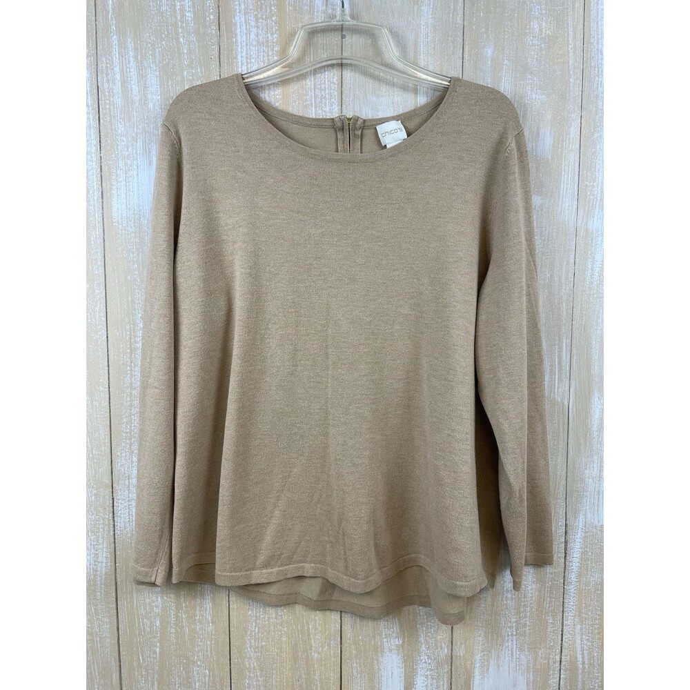 Chico’s Size 3 Taupe Knit Top Long Sleeve Back Zip Women’s XL *read